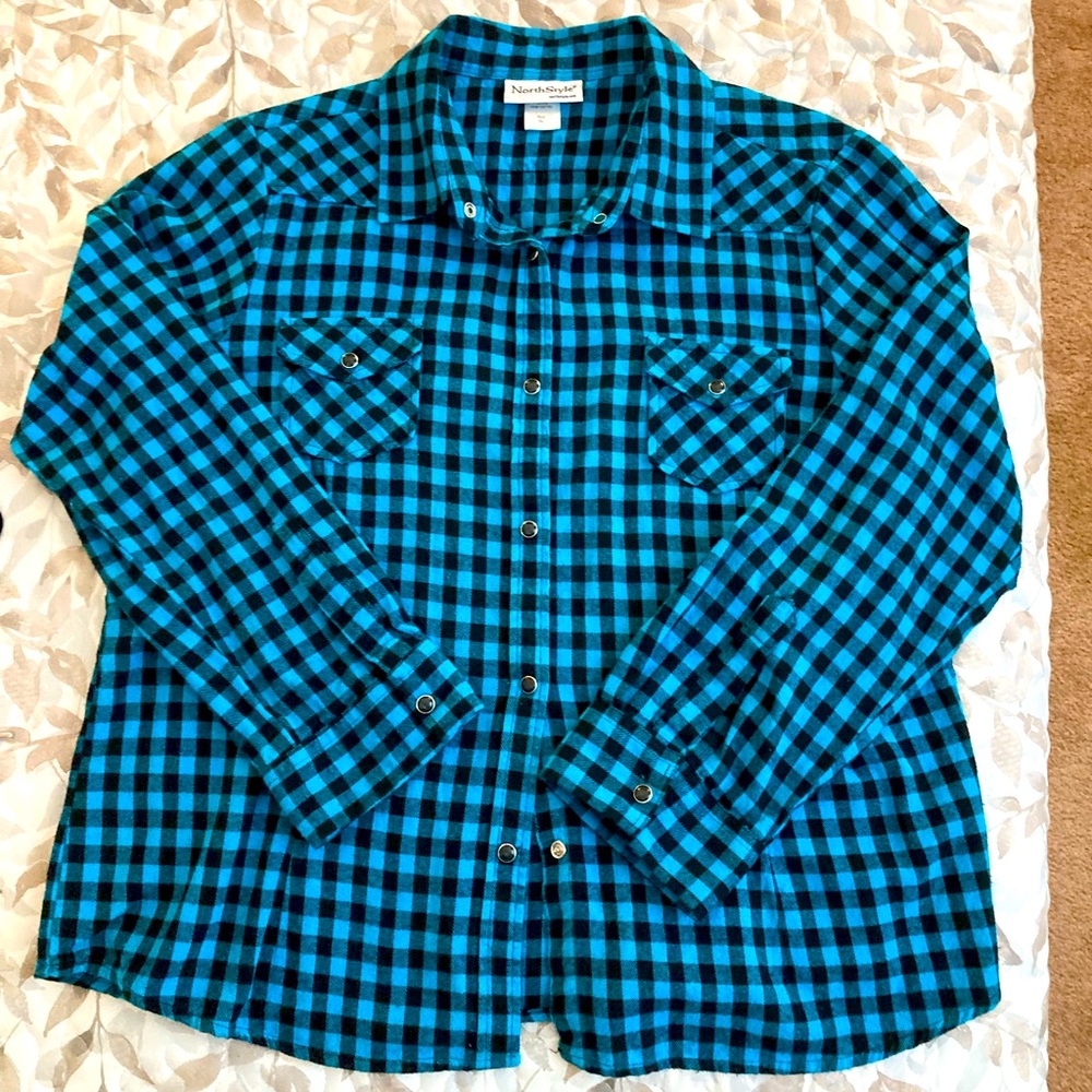 Buffalo Plaid Flannel Shirt, Snap Front, Long Roll-Tab Sleeves by North Style - Picture 2 of 6